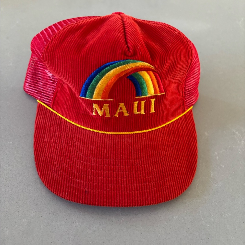 Maui Red Trucker Hat with Rainbow Embroidery
